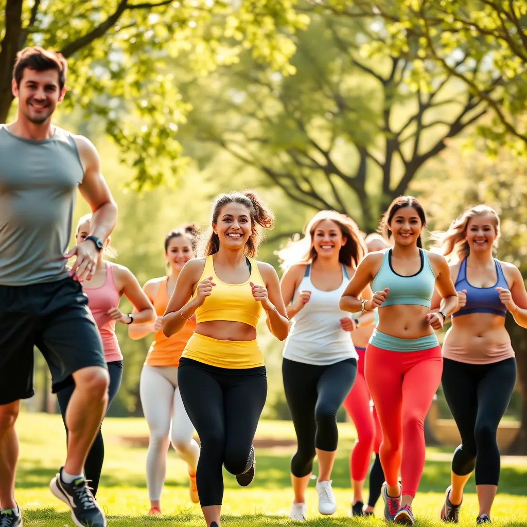 Create a photorealistic, ultra-high quality image for a landing page promoting a weight loss program. The image should feature a diverse group of people (male and female, different ages and body types) all looking happy and confident, wearing activewear, and exercising outdoors. The background should be a vibrant, lush park setting with a sunny, warm ambiance. The image should convey a sense of community, motivation, and achievement. Use a natural color palette with bright, cheerful tones. Capture the image from a slightly elevated angle, showing the people in a dynamic, engaging pose. Use 8K resolution, hyperrealistic details, and emphasize the textures of clothing, skin, and nature., ultra high resolution, photorealistic, 8K, hyperdetailed, cinematic lighting