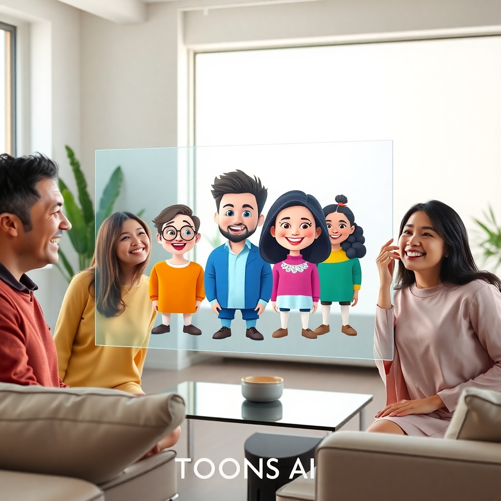 Create a photorealistic, ultra-high-resolution (8K) header image depicting a joyful, diverse group of people (at least 4 people of varying ages and ethnicities) marveling at their AI toon character avatars displayed on a large, transparent holographic screen. The scene is set in a modern, minimalist studio with soft, natural lighting from a large window to the side. The color palette should be vibrant and playful, with warm, inviting tones and pops of color from the toon characters’ clothing. The mood is one of excitement and wonder, reflecting the ease and fun of using the TOONS AI software.  The camera angle is slightly elevated, offering a three-quarter view of the group and the holographic screen. Textures should be highly detailed and realistic: smooth skin on the people, glossy surfaces on the screen, and subtly textured walls in the background. The background features sleek, modern furniture and architectural details; nothing should distract from the main focus on the people and their toon avatars.  The style should reference high-end product photography and feature film stills, conveying a sense of sophistication and high-quality results. The image must have a hyperrealistic quality with intricate details visible in the faces and clothing of the characters.  Include subtle environmental details such as a few strategically placed plants for visual interest, and integrate the TOONS AI logo subtly in the background, perhaps on a nearby device or as a watermark. The overall impression should be one of excitement, fun, and ease of use, clearly showcasing the software’s potential to create engaging and high-quality videos., ultra high resolution, photorealistic, 8K, hyperdetailed, cinematic lighting