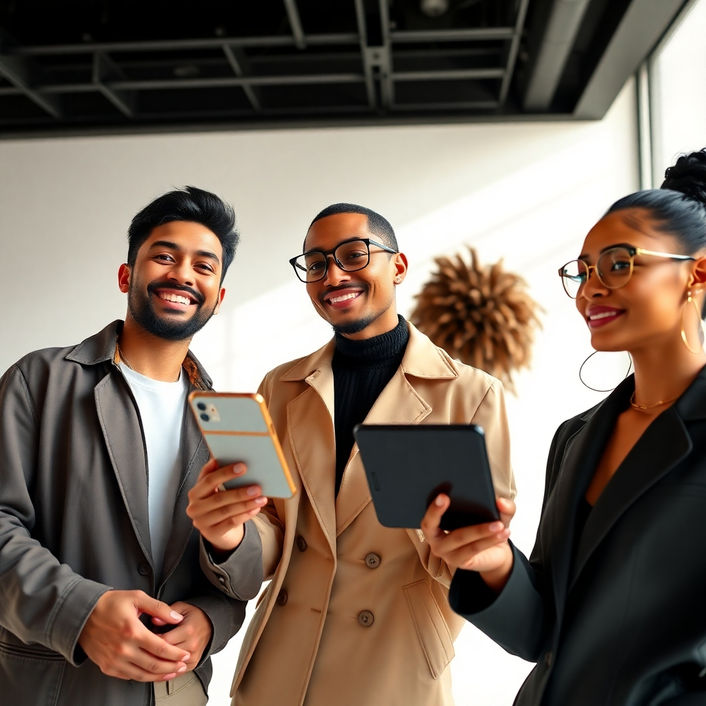 Create an 8K resolution, hyperrealistic image depicting a diverse group of three AI influencers, each with unique styles and appearances, interacting naturally in a modern, brightly lit studio.  The lighting should be soft and diffused, creating a glamorous, slightly cinematic feel. The color palette should be vibrant and energetic, with pops of bold color against a neutral background. The camera angle should be slightly high, looking down at the influencers, creating a dynamic and engaging composition.  The influencers should be exhibiting different expressions – one laughing, one posing confidently, and one looking thoughtfully into the distance, each subtly interacting with virtual elements or content on their respective devices.  Textures should be highly detailed and realistic; showcase the soft skin of the influencers, the fine details of their clothing, and the sleek surfaces of mobile phones and tablets. Background elements might include abstract light streaks or geometric shapes, representing creativity and technology. The overall mood should be exciting, innovative and forward-looking. The style should emulate high-fashion photography, and blend with the polished aesthetics of modern social media.  Reference images could include the work of Annie Leibovitz, Nick Knight and Steve McCurry. The image should project a sense of effortless perfection and showcase the cutting-edge technology of AI influencer creation., ultra high resolution, photorealistic, 8K, hyperdetailed, cinematic lighting