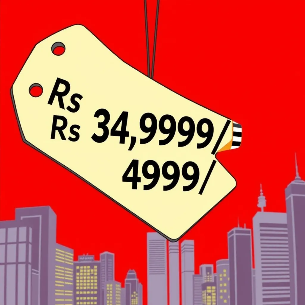 A photorealistic image of a large, bold price tag with 'Rs 34,9999/-' crossed out and 'Rs 4999/-' written in a prominent font. The background could be a blurred image of a cityscape, symbolizing the bustling financial world.