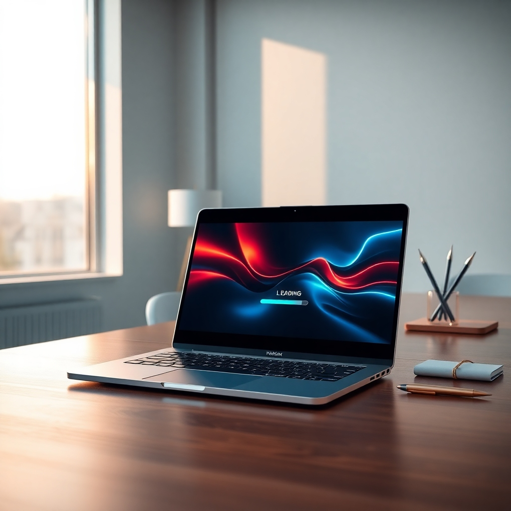 Generate a photorealistic, ultra-high-quality header image (8K resolution, hyperrealistic style) depicting a futuristic, clean workspace. The main focus is a sleek laptop displaying AI Video Builder's interface, showcasing a video in progress with vibrant, engaging visuals.  The room is modern, minimalist, with soft, diffused natural light from a large window to the left, casting a warm glow. The color palette is a sophisticated blend of cool blues and greys accented with warm gold highlights on the laptop and workspace elements. The mood is one of innovation, efficiency, and ease of use. The camera angle is a slightly elevated three-quarter view, providing a clear perspective of the laptop screen and surrounding environment. The laptop's texture should be smooth, metallic, with subtle reflections. The desk is made of polished wood, showcasing its rich grain.  Subtle background elements include a minimalist desk organizer with a few stylish pens and a notebook, hinting at creativity and organization.  The overall style should be inspired by high-end technology advertisements and product shots, evoking a sense of premium quality and cutting-edge innovation.  Include subtle motion blur on the spinning loading icon within the AI Video Builder interface to suggest activity and speed. The image should evoke a feeling of sophisticated technology, ease of use, and effortless video creation., ultra high resolution, photorealistic, 8K, hyperdetailed, cinematic lighting