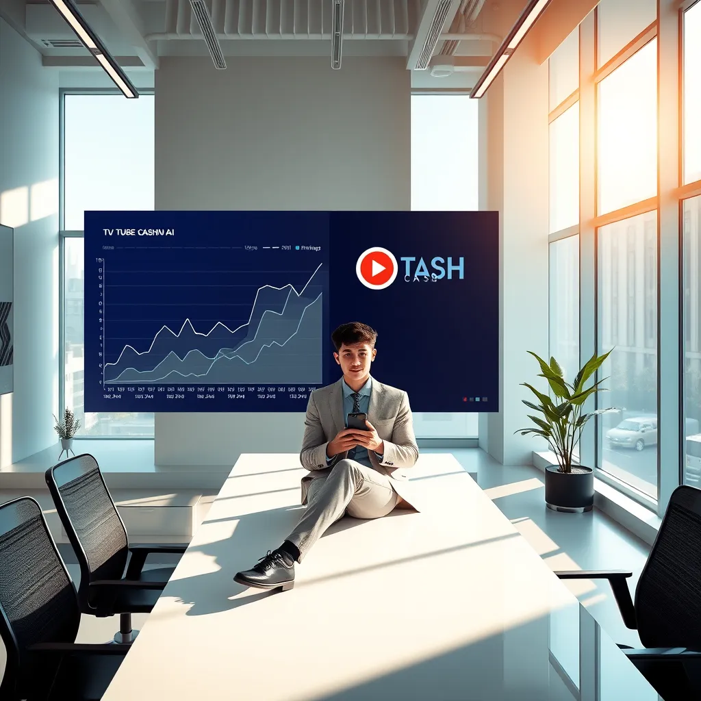 Generate an ultra-realistic 8K resolution image for a landing page depicting a futuristic, clean-lined office space. The centerpiece should be a large, sleek touchscreen display showcasing a dynamic chart showing a rapid upward trend in earnings, with the TUBE CASH AI logo prominently displayed in the top corner. In the foreground, a young, successful professional, dressed in modern business attire, sits confidently at a sleek desk, holding a smartphone displaying the TUBE CASH AI app. Sunlight streams through large windows, casting a warm glow on the scene. The overall tone should be vibrant and energetic, showcasing the ease and profitability of using TUBE CASH AI. Add subtle, futuristic elements like sleek lighting fixtures and geometric shapes for a modern touch. The image should evoke a sense of accomplishment and financial freedom, highlighting the power of TUBE CASH AI., ultra high resolution, photorealistic, 8K, hyperdetailed, cinematic lighting
