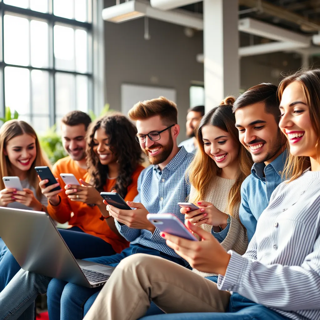 Generate an ultra-realistic 8K resolution image depicting a diverse group of happy people using their smartphones and laptops, engaging with social media platforms. They are all smiling and interacting with their devices in a dynamic and engaging way. The background features a bright, modern office environment with natural light streaming in from large windows, highlighting the energy and excitement of the social media landscape.  The color palette should be vibrant and energetic, incorporating the iconic colors of popular social media platforms.  The scene should be captured from a slightly elevated perspective, allowing for a clear view of the action and providing a sense of dynamism. Emphasize the sleek, modern design of the devices and the seamless integration of social media into their daily lives.  Include elements like coffee cups, office plants, and trendy office decor to enhance the scene's visual appeal.  The overall mood should be one of positive energy, excitement, and opportunity, reflecting the potential for financial success through social media jobs.  For inspiration, reference the style of modern tech photography and the visual aesthetics of popular social media platforms., ultra high resolution, photorealistic, 8K, hyperdetailed, cinematic lighting