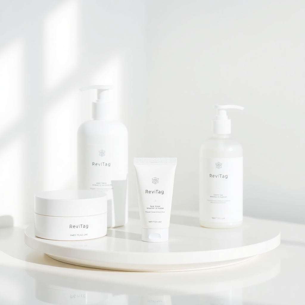Image of a minimalist skincare routine featuring ReviTag as the central product. Use a clean, modern aesthetic with a focus on natural light and neutral colors. Style reference: Minimalist skincare advertisement.