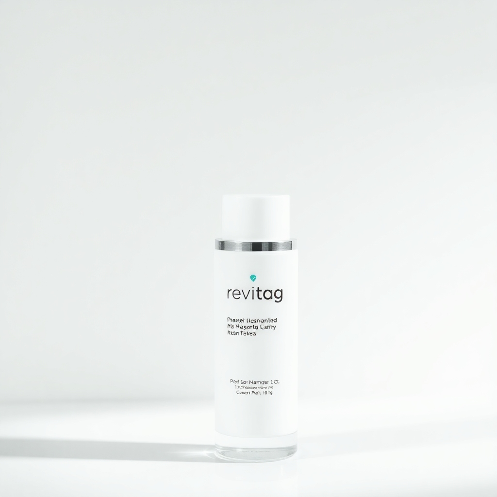 Image of the ReviTag product bottle against a clean, minimalist background, emphasizing its sleek design and premium quality. Use soft, diffused lighting to highlight the product's details. Style reference: Luxury skincare product advertisement.