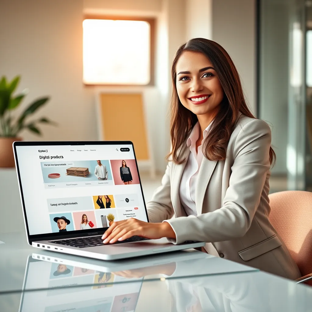 Imagine a sleek, modern laptop with a bright, vibrant screen showcasing a website displaying digital products.  The website should be visually appealing with high-quality images and clear descriptions.  The laptop is positioned on a desk in a contemporary office space with natural light streaming through a window.  A businesswoman in a stylish business suit is sitting at the desk, confidently smiling at the camera, her hand hovering over the laptop's touchpad. The background should be slightly blurred to focus attention on the laptop and the woman.  The color palette should be a mix of warm tones (like peach, light pink, and white) for a welcoming and professional feel.  The image should convey a sense of ease, success, and empowerment, highlighting the ease of setting up an e-commerce business with eplanetJ.  Aim for a photorealistic, high-resolution 8K image with sharp details and rich textures.  Style references:  "Successful Entrepreneur Working on Laptop in Modern Office," "Minimalist E-commerce Website Design,"  "Professional Woman in Business Suit.", ultra high resolution, photorealistic, 8K, hyperdetailed, cinematic lighting