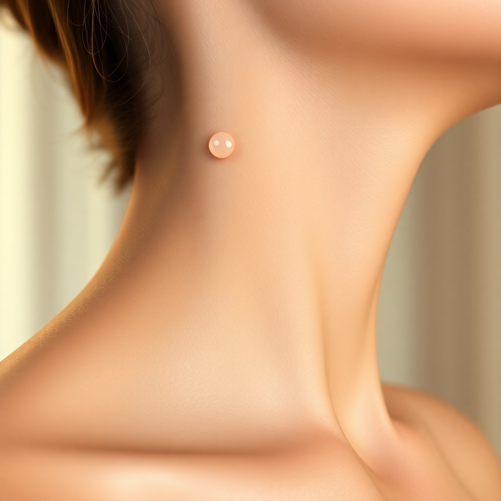 Photorealistic 8K image of a woman's neck and shoulder, showcasing exceptionally smooth, clear skin. Focus on the delicate texture and healthy glow. One small area is subtly highlighted, transitioning from a slightly raised skin tag to smooth, unblemished skin. Soft, natural lighting emphasizes the skin's texture and the transformation. The color palette is warm and inviting, using soft creams, peaches, and pinks. Camera angle is a close-up, slightly angled to capture the dimensionality of the skin. Add subtle water droplets on the skin, as if the skin is fresh and clean. Background is a blurred, calming spa environment. Style reference: High-end skincare advertisement. Technical specs: 8K resolution, hyperrealistic rendering.