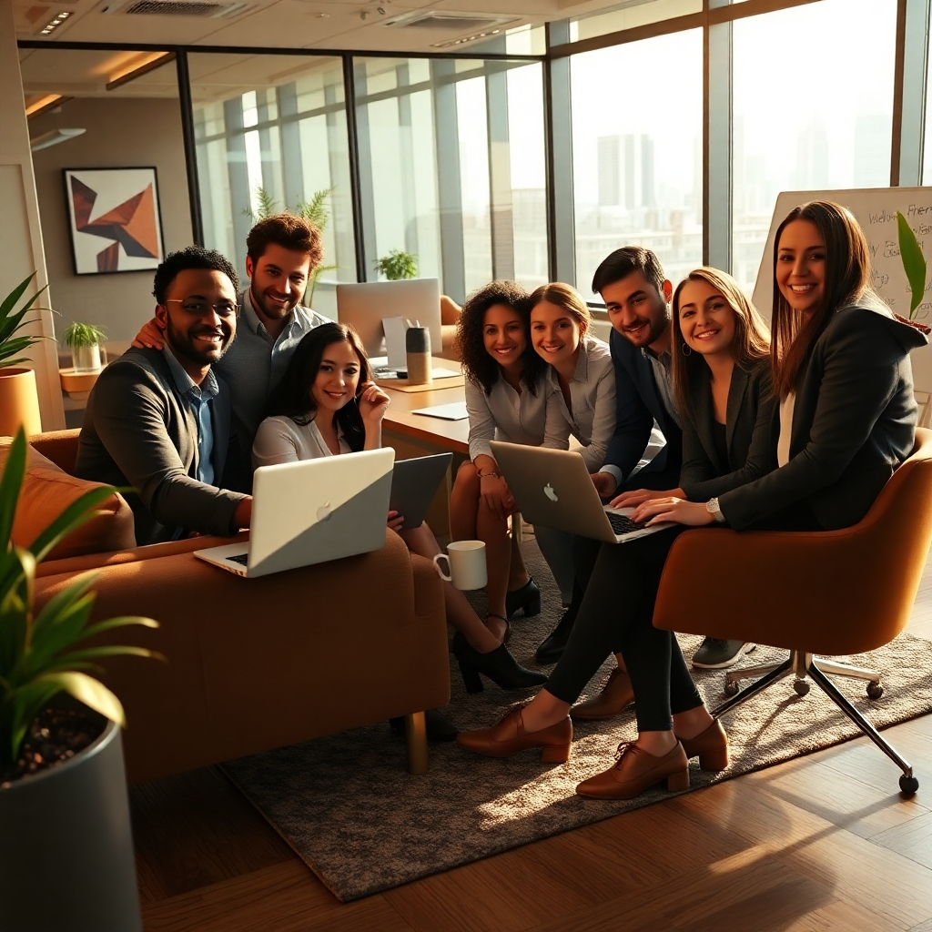 Photorealistic image, ultra-detailed, 8K resolution. Scene: A confident, diverse team of professionals in a modern, open-plan office, collaborating on a 4K video project. Dramatic side lighting creates a sense of focus and energy. Color palette: warm, inviting, and professional (gold, bronze, creams, dark browns). Camera angle: slightly low, dynamic perspective that emphasizes the team's energy and collaboration. Textures and material details: wood floors, plush carpet, glass partition walls, stylish furniture, modern technology equipment. Environmental elements: plants, artwork, bright windows showing a city skyline, a whiteboard with ideas. Props: laptops, tablets, design mock-ups, coffee mugs. Style reference: corporate photography emphasizing teamwork and success. Mood: energetic, collaborative, and professional, showing the potential for success in building a video agency.
