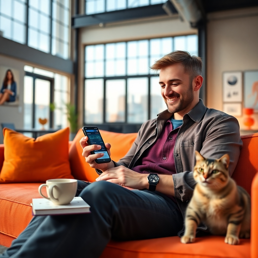 Photorealistic image, ultra-high definition, cinematic lighting.  Show a person, mid-thirties, casually dressed but stylish, sitting on a modern sofa in a loft apartment. They're smiling and looking at their phone, which displays a detailed dashboard showing multiple income streams and sales data from the RPM 3.0 affiliate marketing system. The color palette is vibrant and energetic; warm oranges and yellows, with cool blues and greens. The apartment is modern and minimalist, with large windows allowing natural light to flood the room. The camera angle is a slightly low angle, shot from their perspective, making the viewer feel included in their success.  Props include a stylish coffee cup, a notebook with inspirational quotes, and perhaps a pet cat subtly in the background.  The style should evoke aspirational lifestyle photography.  The background is blurred, but details are visible.  Focus should be sharp on the phone screen.  Textures should be highly detailed, from the soft sofa fabric to the sleek phone finish.  Style references: Cass Bird and Peter Lindbergh. The mood is one of relaxed success and positive energy.