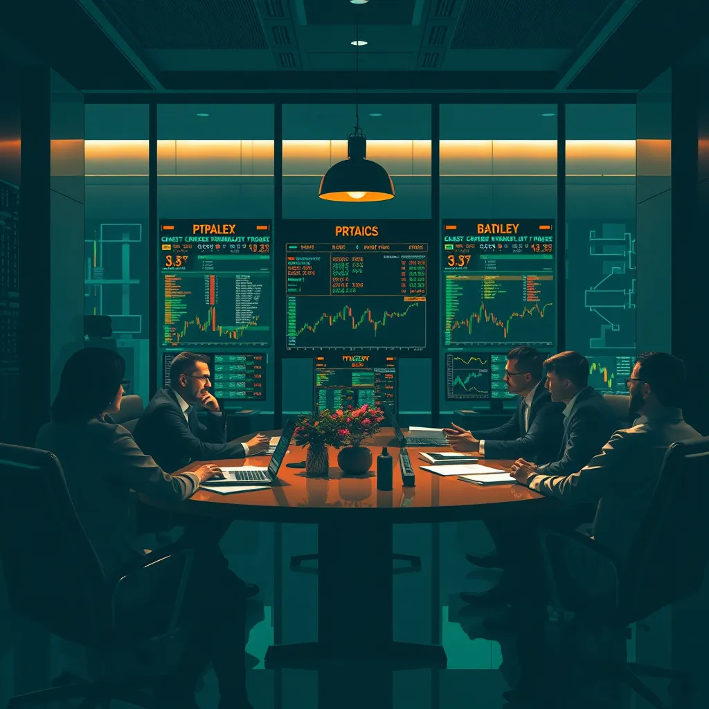 A mentor figure in a suit, standing in front of a whiteboard covered in trading charts, explaining complex concepts to a group of eager students. The atmosphere is positive and encouraging, emphasizing the supportive and interactive learning environment provided by the course.