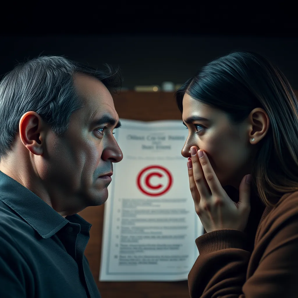 Two people facing each other, one representing a content creator who is frowning and looking concerned, and the other representing a person re-uploading their video who appears apologetic and uncomfortable. In the background, legal documents and a symbol of a copyright sign are visible, emphasizing the potential legal consequences.