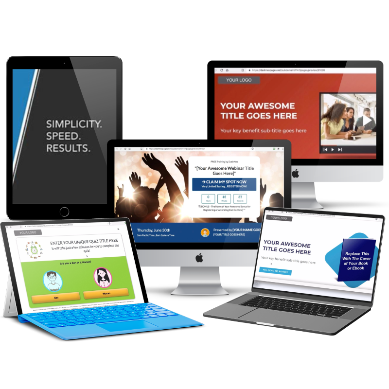 A modern laptop with a bright screen displaying a website builder interface. The screen shows a selection of pre-designed website templates with categories like 'webinar', 'event', 'lead magnet', and 'affiliate marketing'. The laptop is on a desk with a coffee cup and a smartphone next to it. The background is a blurred image of a modern office space.