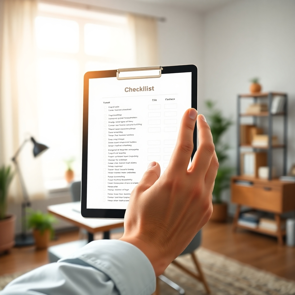 A photorealistic image of a hand reaching out to grab a neatly organized checklist document being downloaded on a tablet. The background should be a softly lit home office with natural light streaming in, conveying a sense of organization and ease. The checklist should be visually appealing and easy to read.