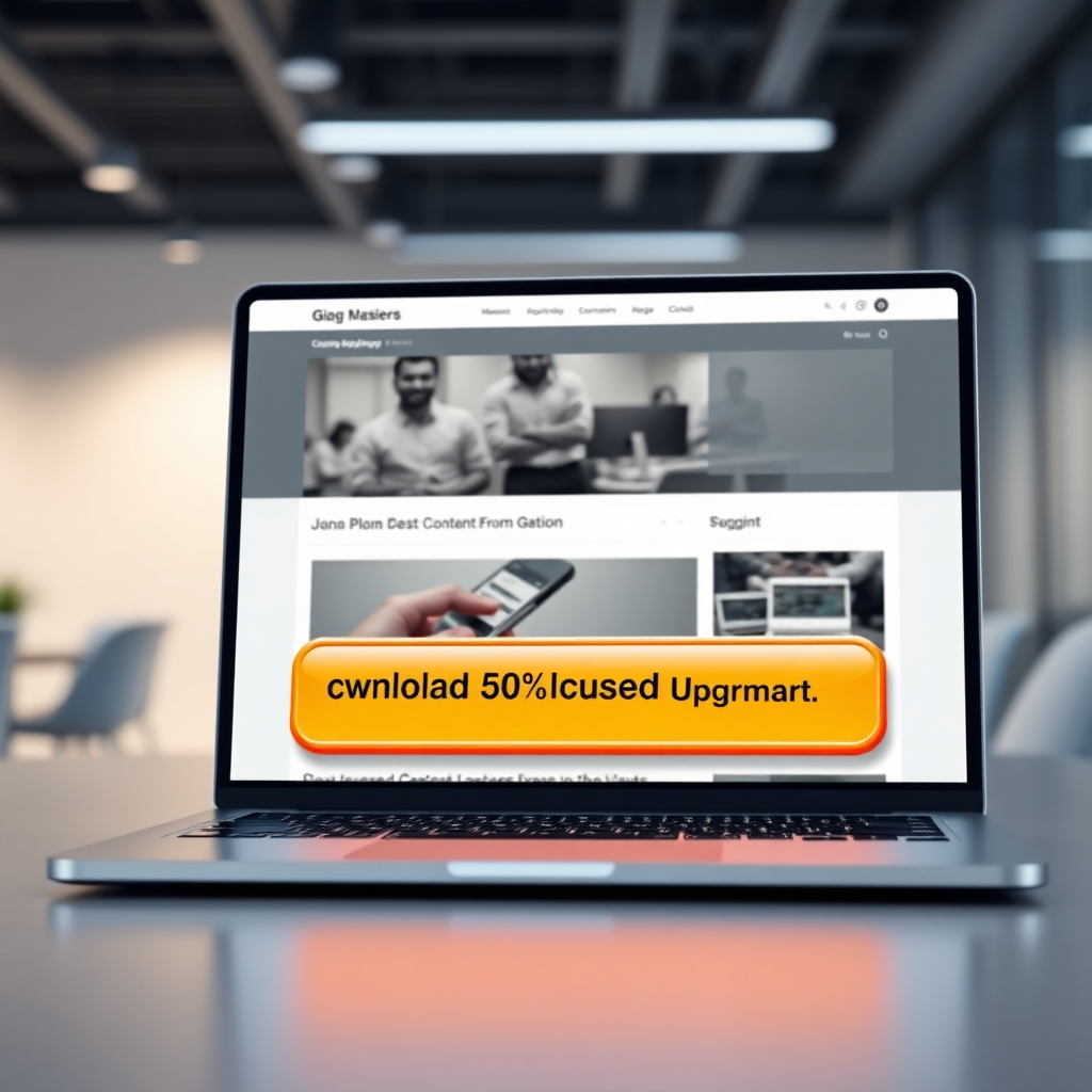 A photorealistic image of a laptop displaying a blog post with a brightly colored button that says 'Download Exclusive Content Upgrade'. The background should be a modern, minimalist office setting. The image should evoke a feeling of professionalism and added value.