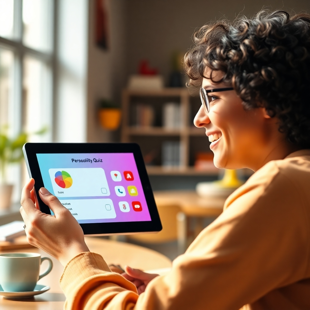 A photorealistic image of a person smiling and looking at a tablet screen displaying a fun, interactive quiz about their personality. The background should be a bright, cheerful setting, like a coffee shop or a study room.  The quiz should be visually engaging with colorful graphics, and the overall image must convey positivity and user engagement.