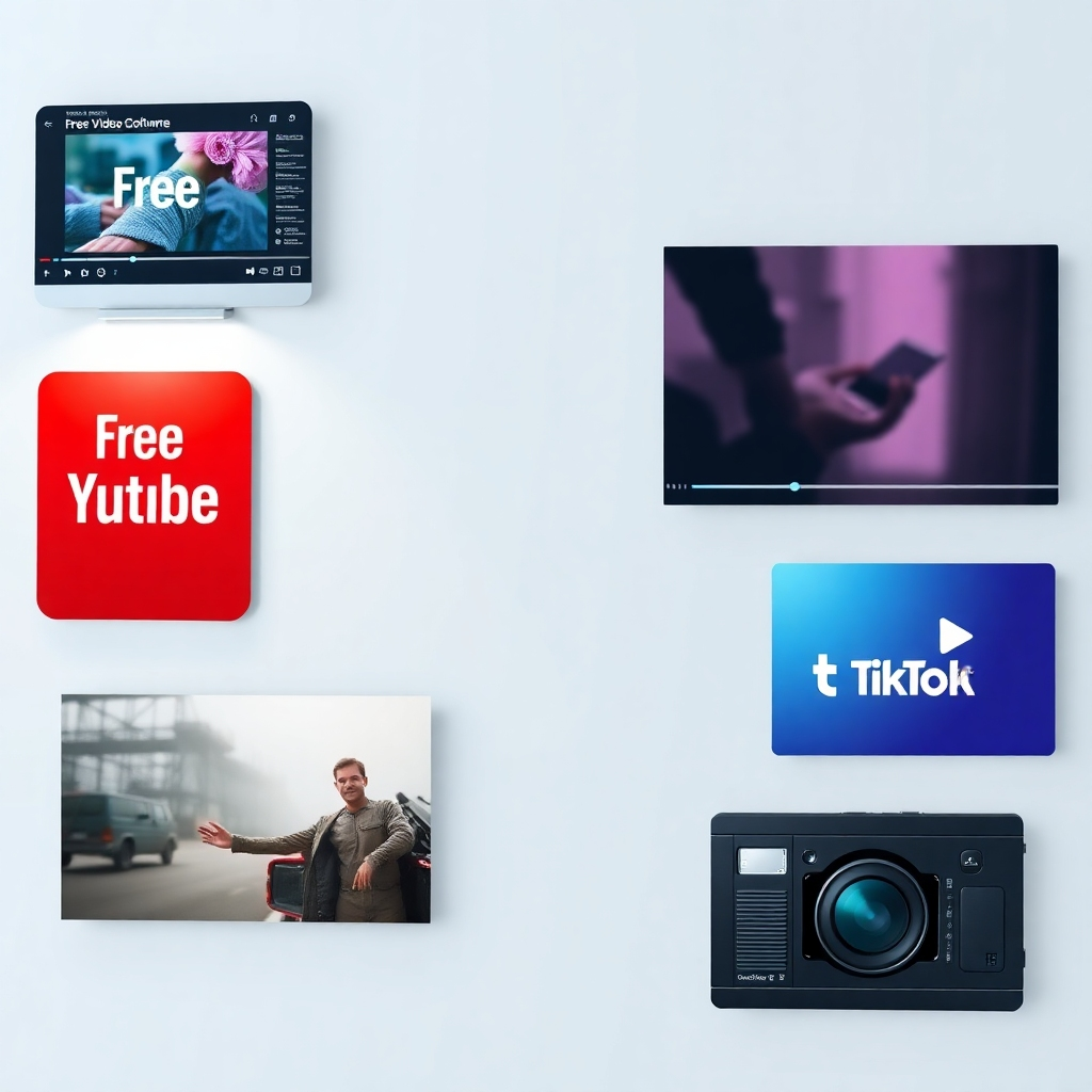 A clean, modern interface showing a collage of free video editing software, royalty-free stock footage websites, and social media platforms like YouTube, Instagram, and TikTok. The overall aesthetic is minimalist and user-friendly, showcasing the ease of access and affordability of these tools.