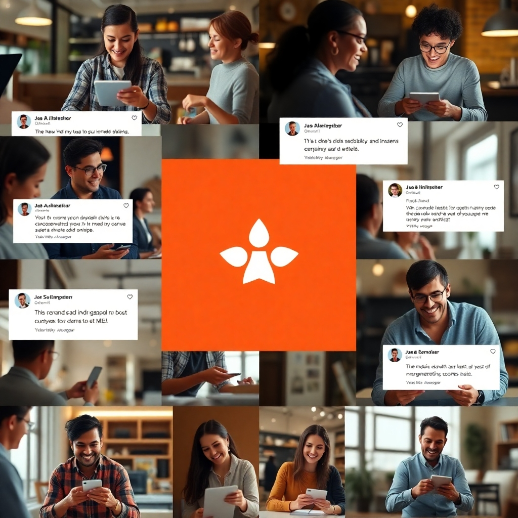 A montage of short video clips showing diverse customers using a small business's product happily, interspersed with shots of positive customer reviews on social media and the company's logo. High-quality, realistic footage with a focus on genuine emotions and authentic interactions.