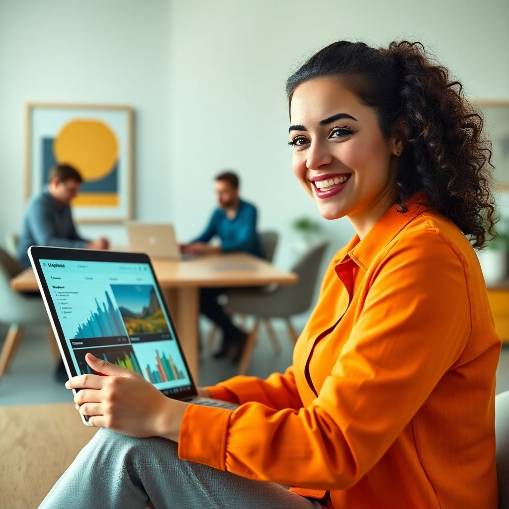 A photorealistic, ultra-high definition (8K) image depicting a young, enthusiastic female entrepreneur reviewing marketing analytics on her laptop. She's sitting in a modern, bright office with soft diffused lighting. The color palette is vibrant and energetic, with pops of teal and orange. The camera angle is slightly high, looking down at her, creating a sense of approachability. The laptop screen displays engaging social media video ads, showcasing various products.  Her expression is one of excitement and satisfaction. In the background, there are other team members collaborating on projects, creating a positive and dynamic work environment. The overall mood is optimistic and productive.  The image should have a shallow depth of field, focusing sharply on the entrepreneur. The texture of her clothes should be clearly visible, with subtle wrinkles adding realism. The scene has a clean minimalist feel with sleek furniture, modern art on the walls, and natural wood elements. The style should evoke a modern, clean aesthetic reminiscent of Annie Leibovitz's corporate photography, with a touch of vibrant color and energy.