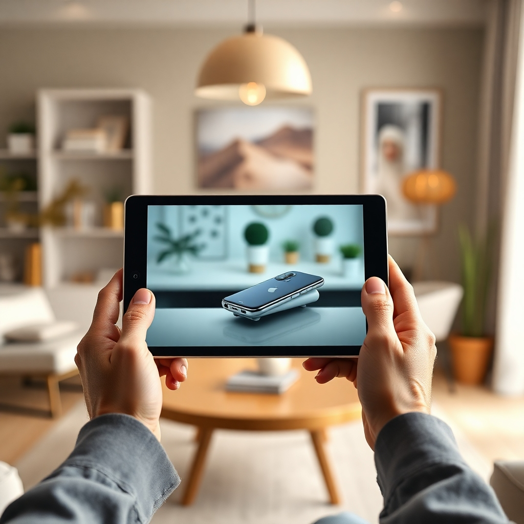 A photorealistic, ultra-high-resolution (8K) image of a stylish, modern product demo video playing on a tablet held by a person with their hands clearly visible. The background is a softly blurred, out-of-focus depiction of a stylish home office. The video showcases a sleek, high-tech gadget, perhaps a new smartphone, with smooth transitions and close-up shots highlighting its features.  The lighting is soft and natural, creating a warm and inviting atmosphere. The color palette is sophisticated and calming, with muted tones and pastel accents. The camera angle is from a slightly elevated position, looking down at the tablet.  The texture of the tablet’s glass is highly detailed, and the material of the gadget should be clearly defined, showing its texture and shine. The overall mood is relaxed and positive. The style should evoke the clean, minimal aesthetic of Apple product shots, showcasing the beauty and functionality of the product with simplicity and elegance.  The image should be hyperrealistic, capturing every detail of the device and the surroundings.
