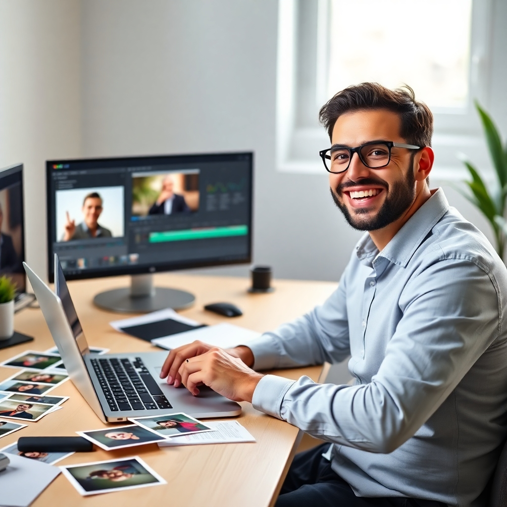 A photorealistic image of a small business owner smiling and sitting at a desk with a laptop, phone, and several photos and documents spread out. In the background, a simple video editing software interface is visible on a second monitor, showing a short video clip being edited.  The overall lighting is bright and cheerful, conveying a sense of ease and productivity.