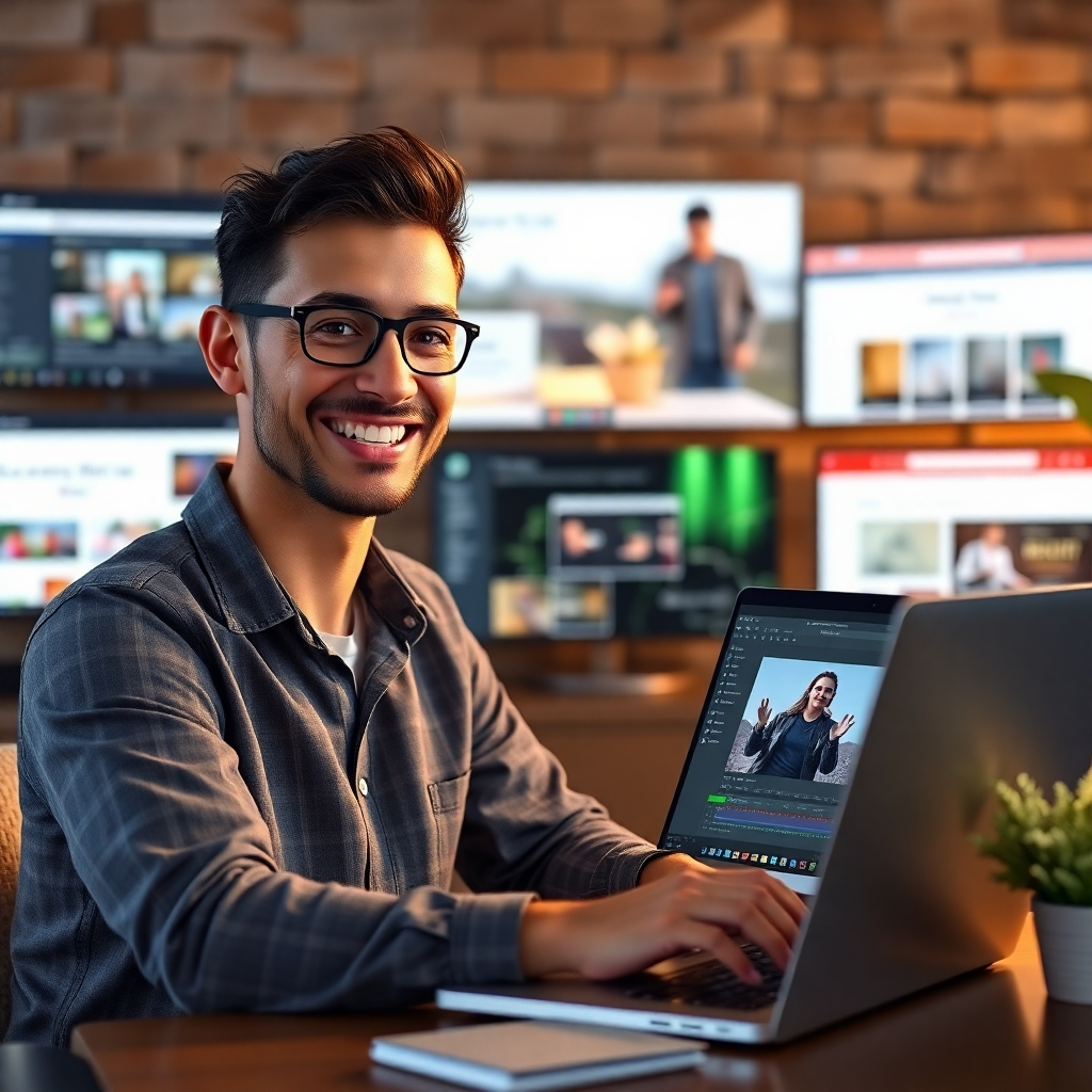 A photorealistic image of a small business owner smiling confidently while using free video editing software on a laptop.  The background should subtly show various free online resources and royalty-free music websites on other screens. The overall scene should convey ease, affordability, and accessibility.