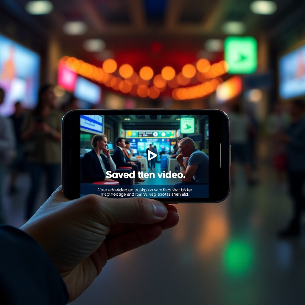 A photorealistic image of a smartphone displaying a short, engaging video advertisement. The video should be visually striking with clear, concise text overlay. The background should subtly show positive customer reactions and engagement metrics, suggesting high viewership and positive responses.