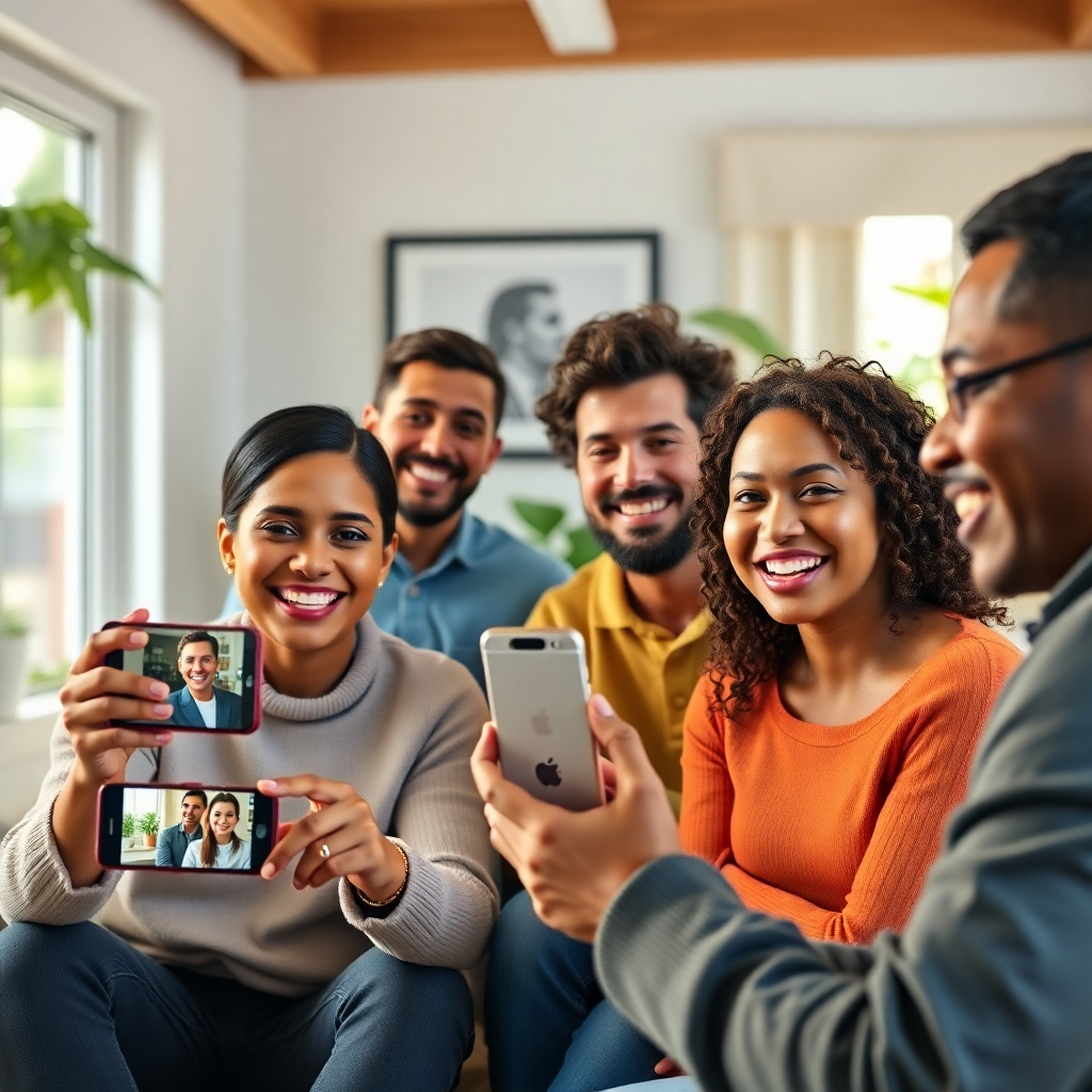 A photorealistic image of diverse happy customers using a product and filming short video testimonials on their smartphones, in various settings: home, office, outdoors. The image should be bright, cheerful, and showcase genuine emotions.  Include a small logo of a fictional small business in the background of some shots.