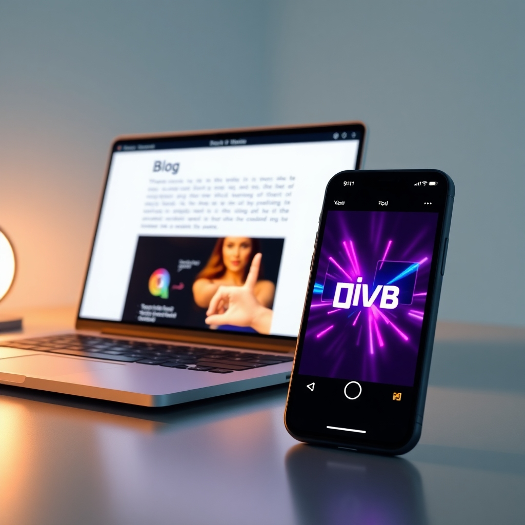 A photorealistic image showing a laptop screen displaying a blog post, and a smartphone displaying a short video that's visually similar, highlighting how the same information is presented in two different formats. The video on the phone should have bright, eye-catching graphics. The overall aesthetic should be clean and modern.