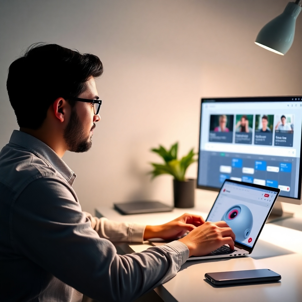 A photorealistic image showing a person sitting at a desk using free video editing software on a laptop, and another screen showing a social media dashboard with a video marketing schedule planned. The image should communicate ease and simplicity, with a focus on the user's calm and productive demeanor.