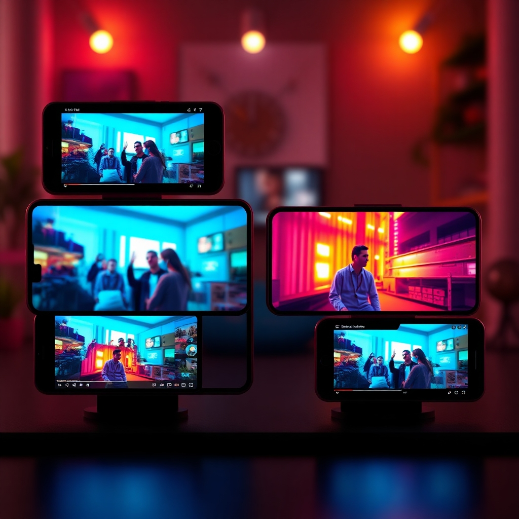 A photorealistic image showing a single video being repurposed into different formats for various social media platforms (YouTube, Instagram, Facebook, TikTok).  The image should depict a vibrant, modern aesthetic, showcasing a seamless transition of the same content across different platforms. The video content should be engaging and visually appealing, possibly showcasing a product or service.