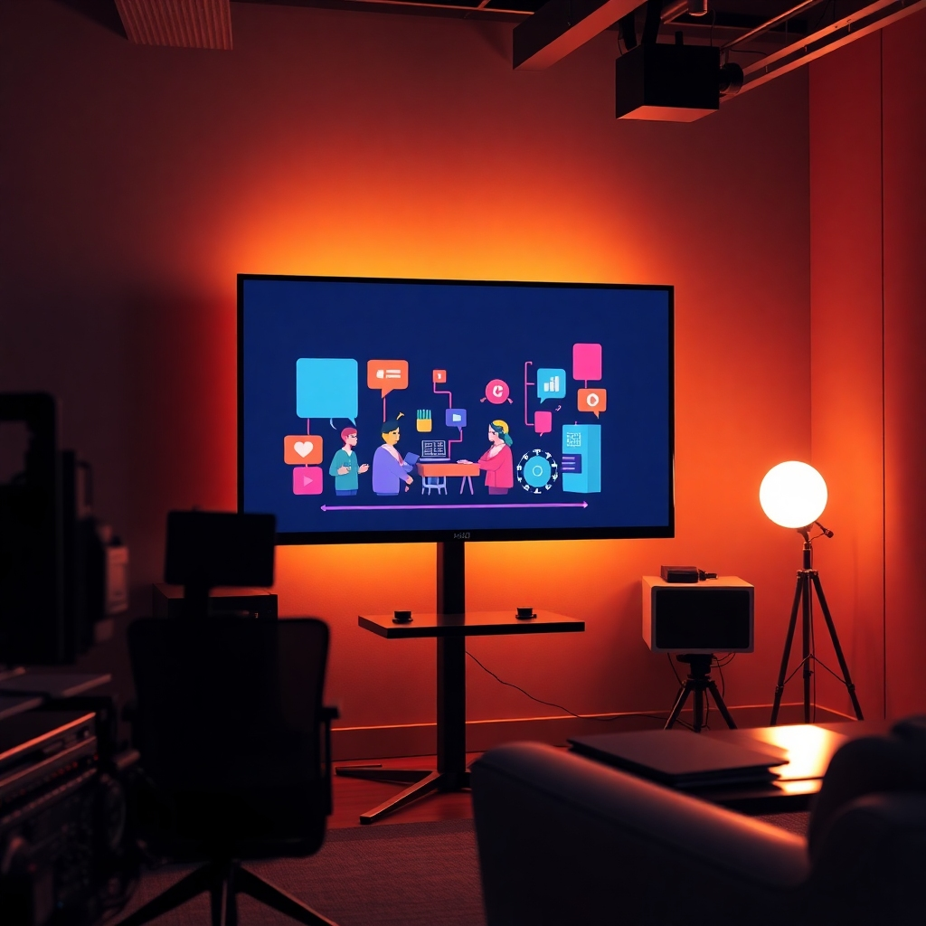 An ultra-detailed, hyperrealistic image of an explainer video playing on a large, high-resolution monitor in a dimly lit editing suite. Soft, warm lighting illuminates the screen. The video showcases a colorful, animated sequence explaining a complex software application in a simple, easily-understandable manner. The color palette uses bright, cheerful, primary colors. The camera angle is slightly below the monitor, looking up, which emphasizes the technological aspects of the process. The editing suite is modern and clean, with professional-grade equipment and neutral-toned walls. The textures of the equipment and furniture are realistically portrayed.  Reflective surfaces like glass and metal subtly reflect the light, enhancing the overall ambiance. The overall mood is calm, professional, and reassuring. The style should be similar to a still from a high-budget corporate video, clean, sleek, and focusing on the details of the technology and the production process. The image should have a depth of field that emphasizes the video on the screen while keeping the background in a soft focus.