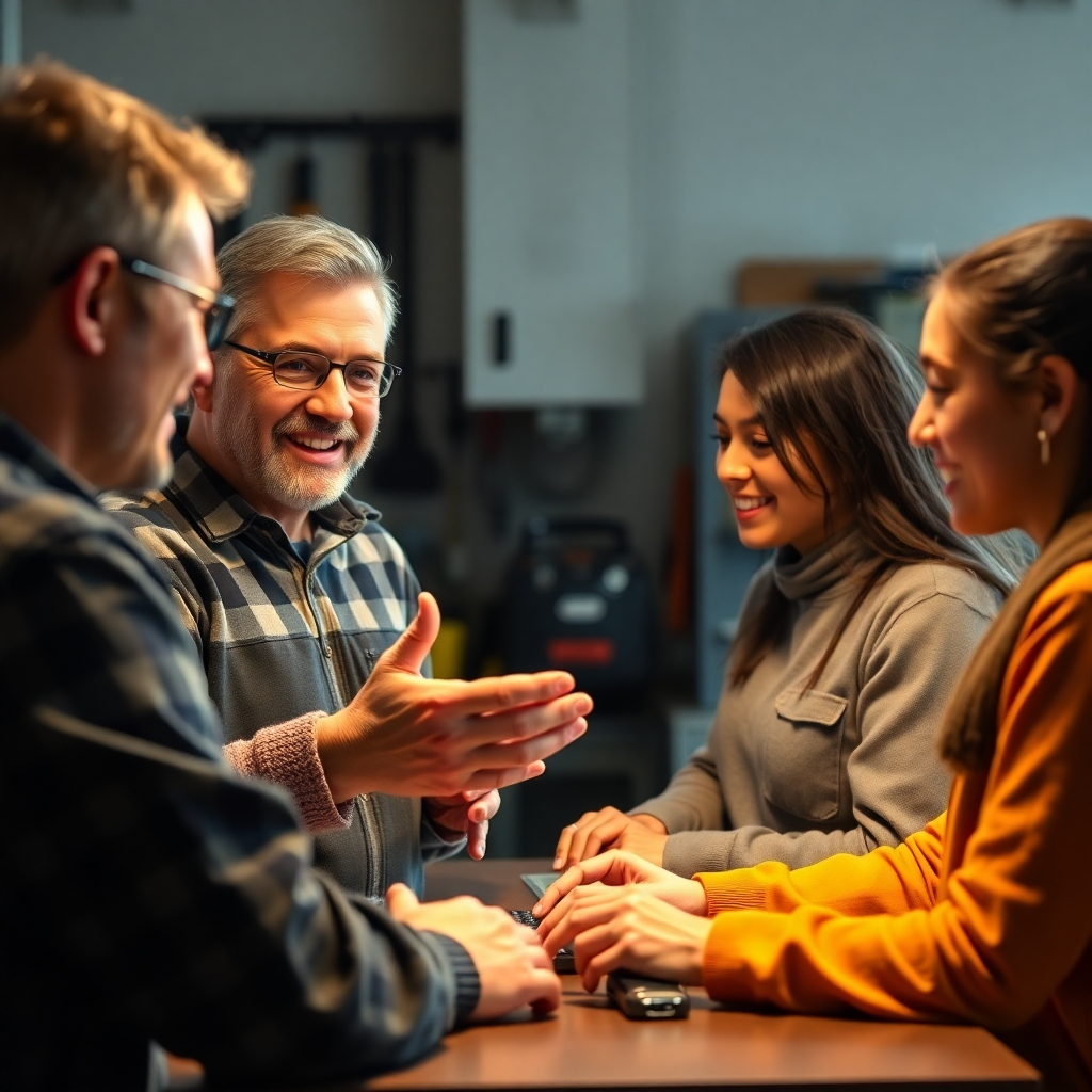 A close-up shot of a confident, friendly instructor interacting with a small group of students during a hands-on training session. The instructor is actively explaining a concept, demonstrating a technique, and offering individual attention. The background should subtly suggest a professional training setting, with tools, equipment, or technology relevant to the training program. The lighting should be warm and inviting, enhancing the positive and engaging atmosphere.
