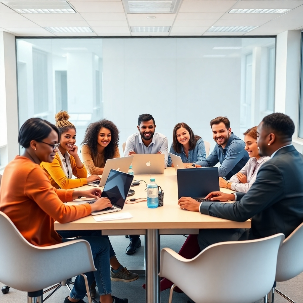 A diverse group of people of different ages and ethnicities are sitting around a table in a brightly lit modern classroom. They are actively participating in a training session, using laptops and engaging with a facilitator. The room features modern furniture and technology, reflecting a dynamic learning environment. The overall mood is positive and collaborative. The image should emphasize the personalized and inclusive nature of the learning experience.