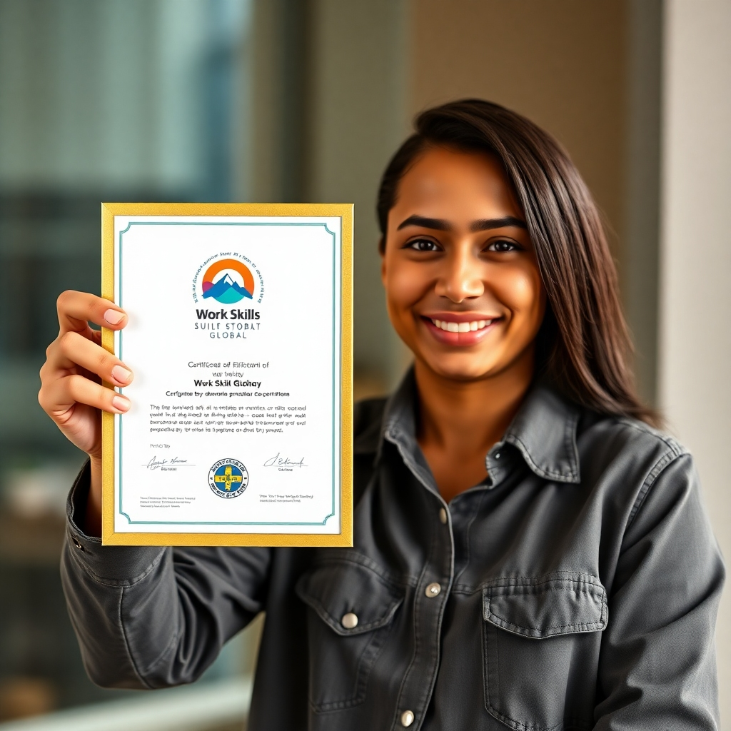 A person proudly holds up a certificate with the Work-Skills Global logo prominently displayed. The certificate is high-quality, professionally designed, and visually appealing. The person's expression should convey a sense of accomplishment and satisfaction. The background should be subtly blurred, focusing the viewer's attention on the certificate and the person's positive reaction. The image should evoke a sense of professional achievement and global recognition.