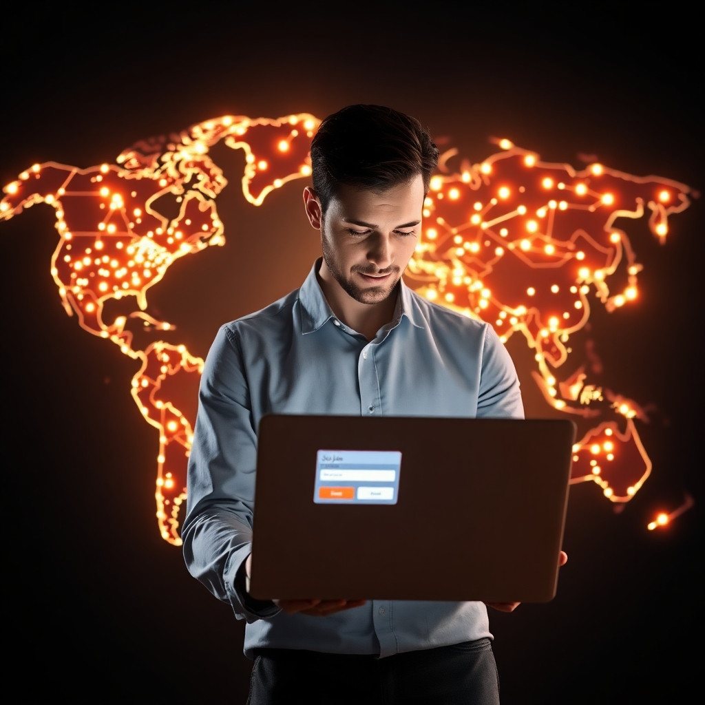 A photorealistic image depicting a world map with glowing nodes representing various countries, each node connected by lines symbolizing a global network.  The nodes should pulsate with soft light, and a professional-looking person is subtly superimposed on the map, looking at a laptop that displays a job application page on a screen. The overall mood should be vibrant and optimistic.