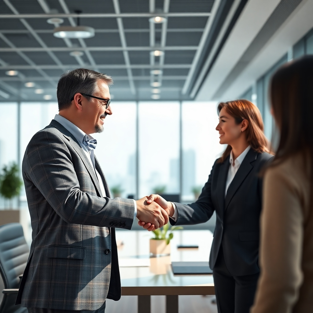 A photorealistic image depicting a successful candidate shaking hands with a hiring manager from a multinational company in a modern, professional office. The background should subtly showcase the international nature of the company, possibly with flags or global imagery. The overall mood is confident and celebratory.