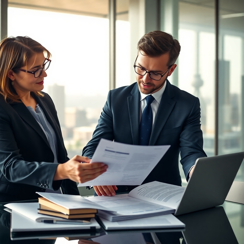 A photorealistic image depicting a mentor and mentee in a modern, well-lit office setting. The mentor, dressed professionally, is guiding the mentee (also professionally dressed) through a career planning document.  The background should subtly suggest a cityscape indicating vast career possibilities.  The mood should be supportive and collaborative.