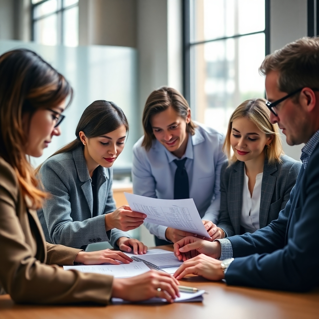 A photorealistic image depicting a team of consultants collaborating on documents related to ISO standards. The image should emphasize professionalism, teamwork, and attention to detail. The lighting should be soft and the color palette should be warm and inviting, conveying a sense of trust and collaboration. The camera angle should focus on the consultants actively working together, conveying the collaborative nature of the services.
