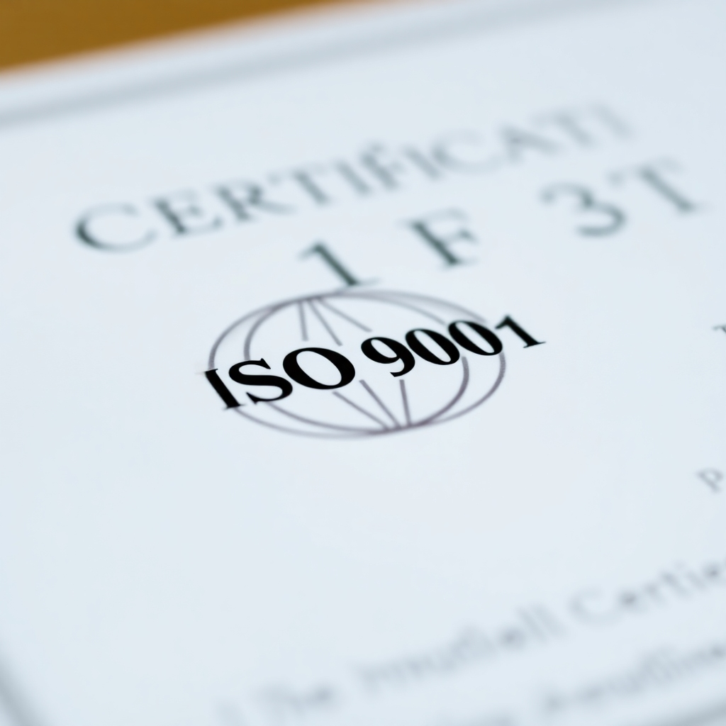 A photorealistic image of a certificate with an ISO 9001 logo, highlighting the importance of this certification in demonstrating organizational excellence.