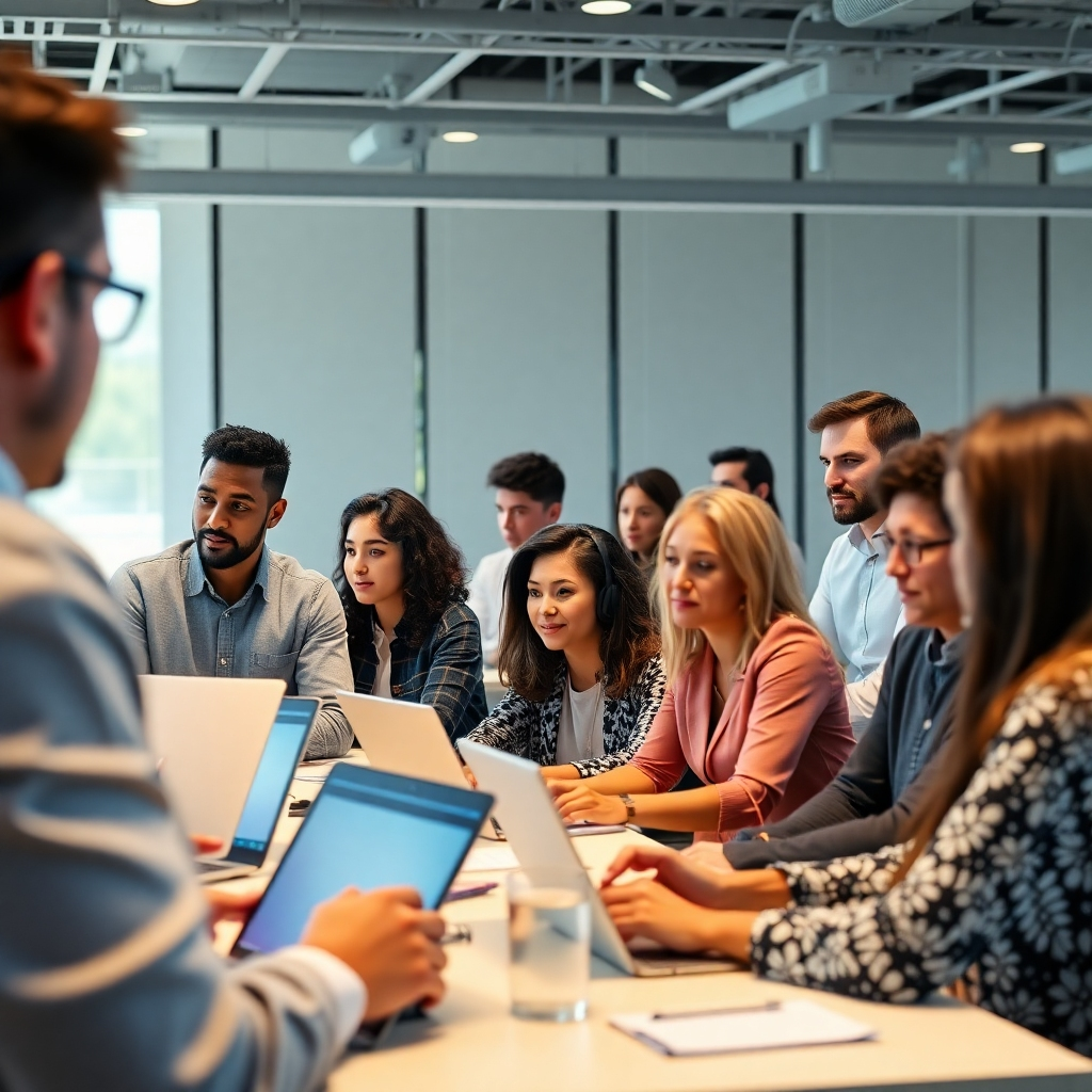 A photorealistic image of a diverse group of people actively participating in a professional development workshop. Some are using laptops, others are engaged in discussions, and there's a trainer at the front, possibly using a whiteboard or projector. The setting should be modern and bright, with technology integrated into the learning environment.