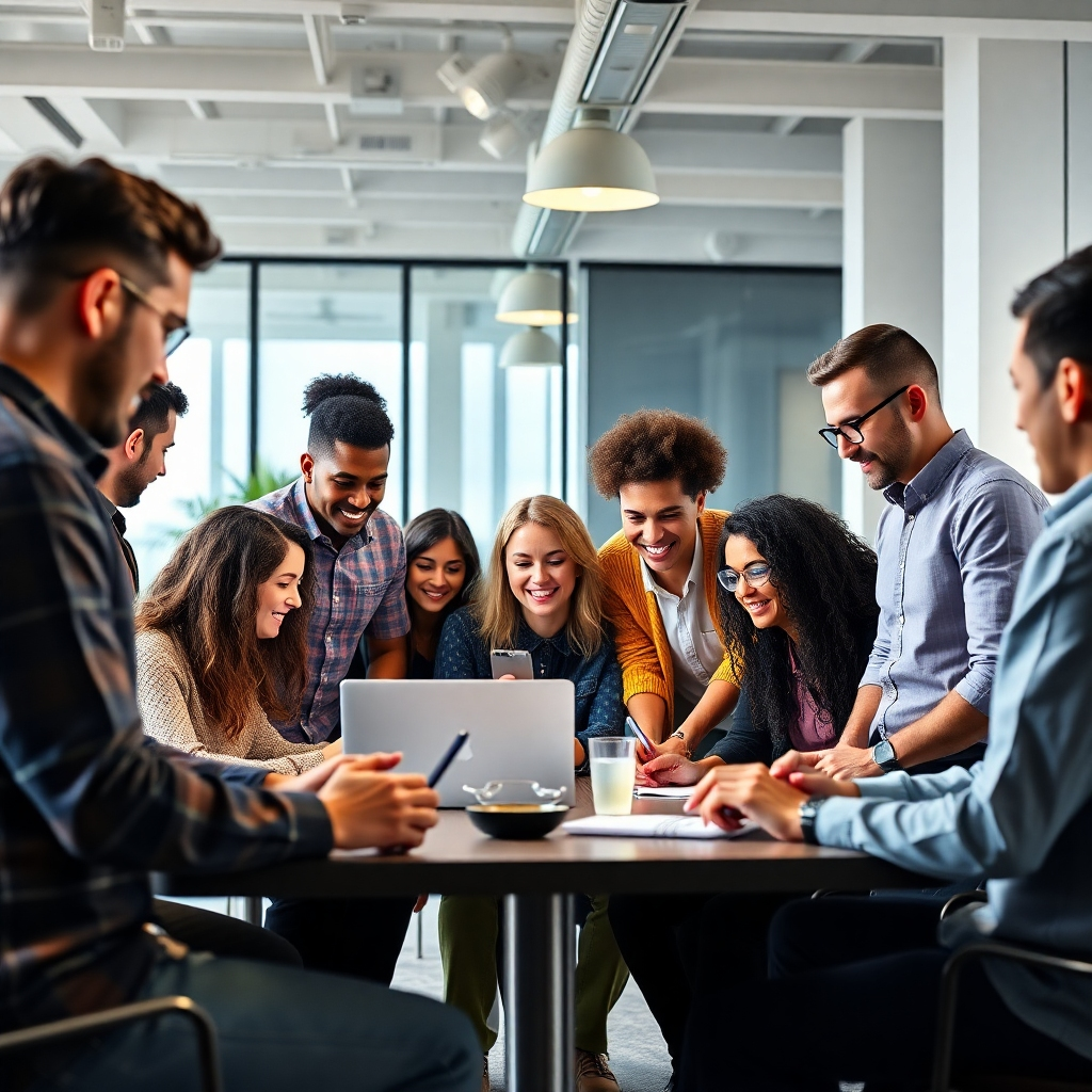 A photorealistic image of a diverse group of people collaborating in a modern, bright office setting. Some are using laptops, others are in a brainstorming session, showing personalized learning and professional development. The image should highlight a positive and inclusive environment.