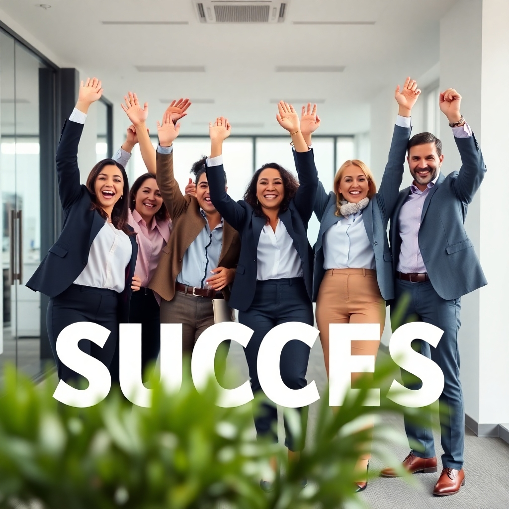 A photorealistic image of a diverse group of happy business professionals celebrating success. The setting is a modern office space. The image should evoke a celebratory mood and project confidence and success.