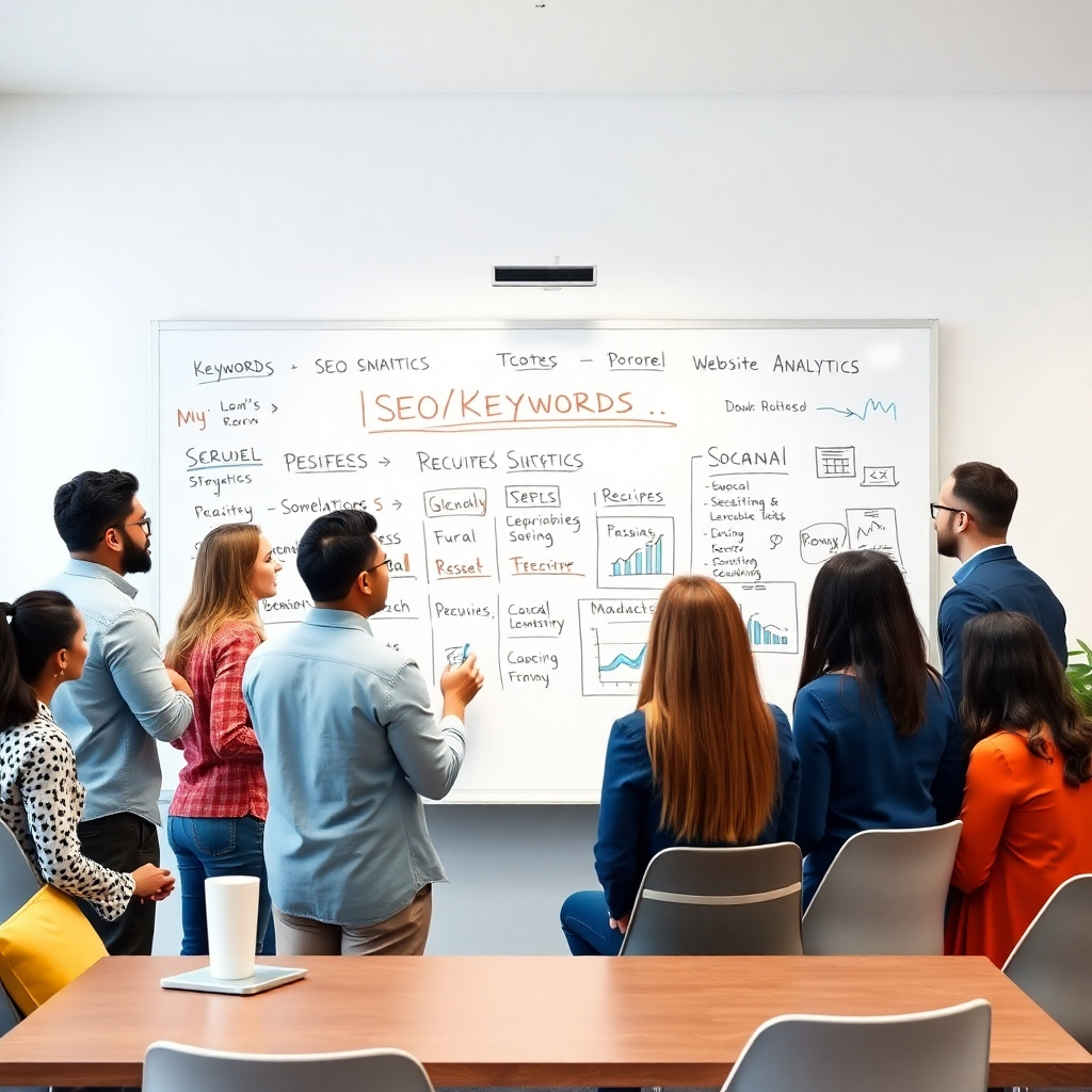 A photorealistic image of a team brainstorming around a whiteboard filled with keywords, SEO strategies, and website analytics data. The room should be modern, the team diverse, and the atmosphere collaborative and energetic. High quality, 4K resolution.
