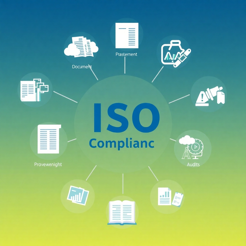 A photorealistic image showcasing various aspects of ISO compliance, such as document management, process improvement, and audits. The image should convey order, organization and professionalism.