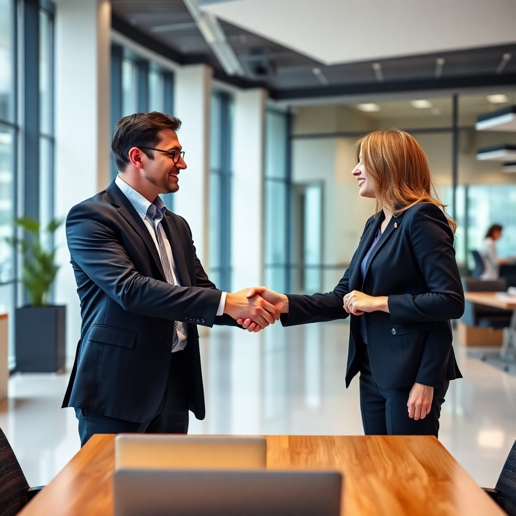A photorealistic image showing two business professionals shaking hands in a modern office, suggesting a strong business partnership. Emphasize professionalism and trust.