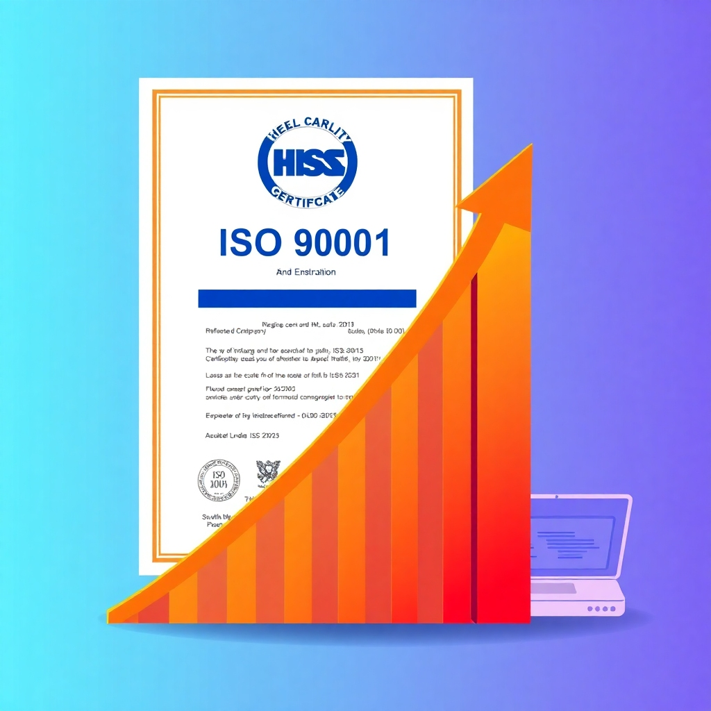 A stylized image depicting a stylized upward-trending graph overlaid on a partially transparent image of a high-quality ISO 9001 certificate and a stylized depiction of a website. Use vibrant, positive colors, and a sleek design to create an image that is both visually appealing and symbolic of growth and compliance. The image should have a 4K resolution and should convey a sense of professionalism and trust.