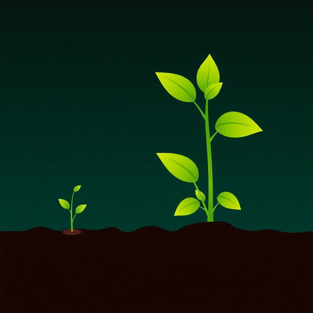 A stylized image of a plant growing from a small seedling into a thriving, large plant. Use positive colors and imagery to illustrate business growth.