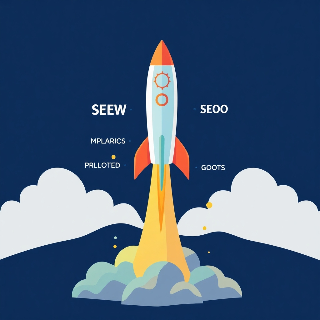 A stylized image of a rocket launching upwards, representing growth, powered by SEO keywords. Use a vibrant color scheme and dynamic visuals. High quality, 4K resolution.
