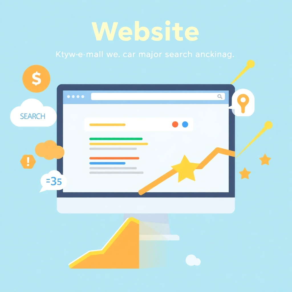A stylized image showing a website with high search rankings on major search engines. Include keywords and high-ranking positions. Use bright and positive colors and graphics to evoke a sense of success and digital growth.