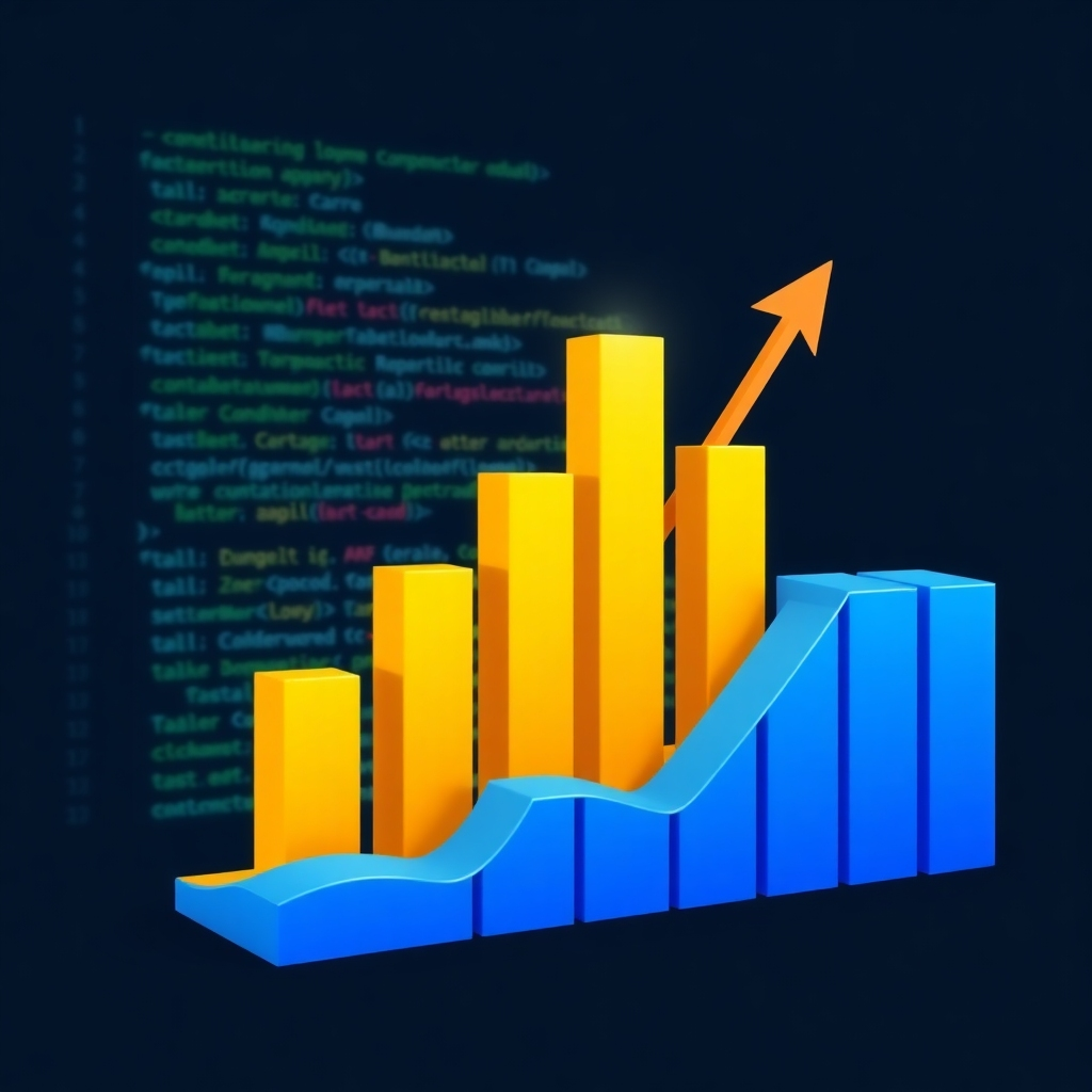 A stylized image showing a website's code transforming into a rising graph, illustrating improved rankings. The style could be a blend of abstract data visualizations and clean code elements, bright colors, 4K resolution.